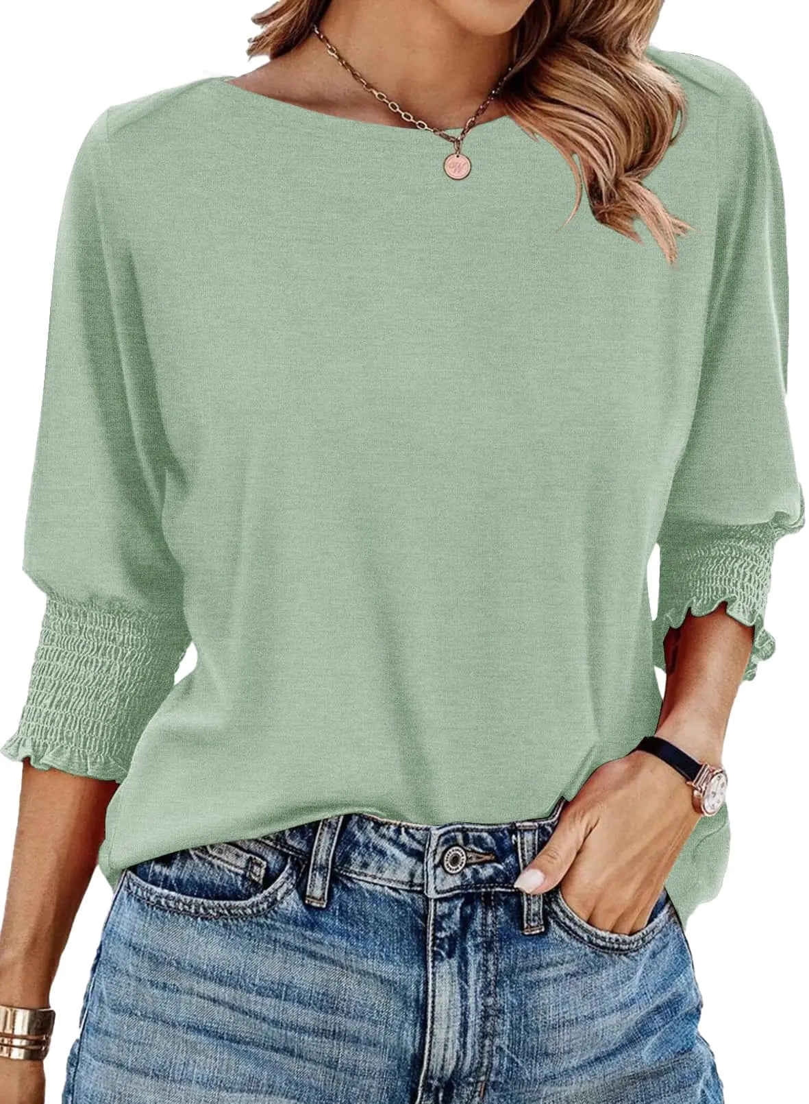 IECCP Womens 3/4 Sleeve Summer Tops Dressy Tops Boat Neck Tops for Women 3/4 Length Sleeve Womens Tops 2024 Smocked Top Grass GreenS